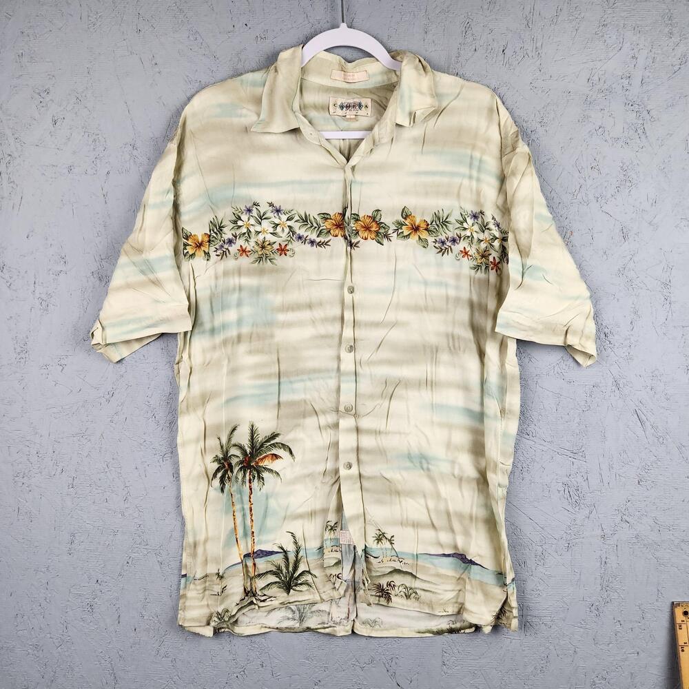 Vintage Campia Moda Shirt Mens Large Beige Floral Hawaiian Button Up Viscose 90s